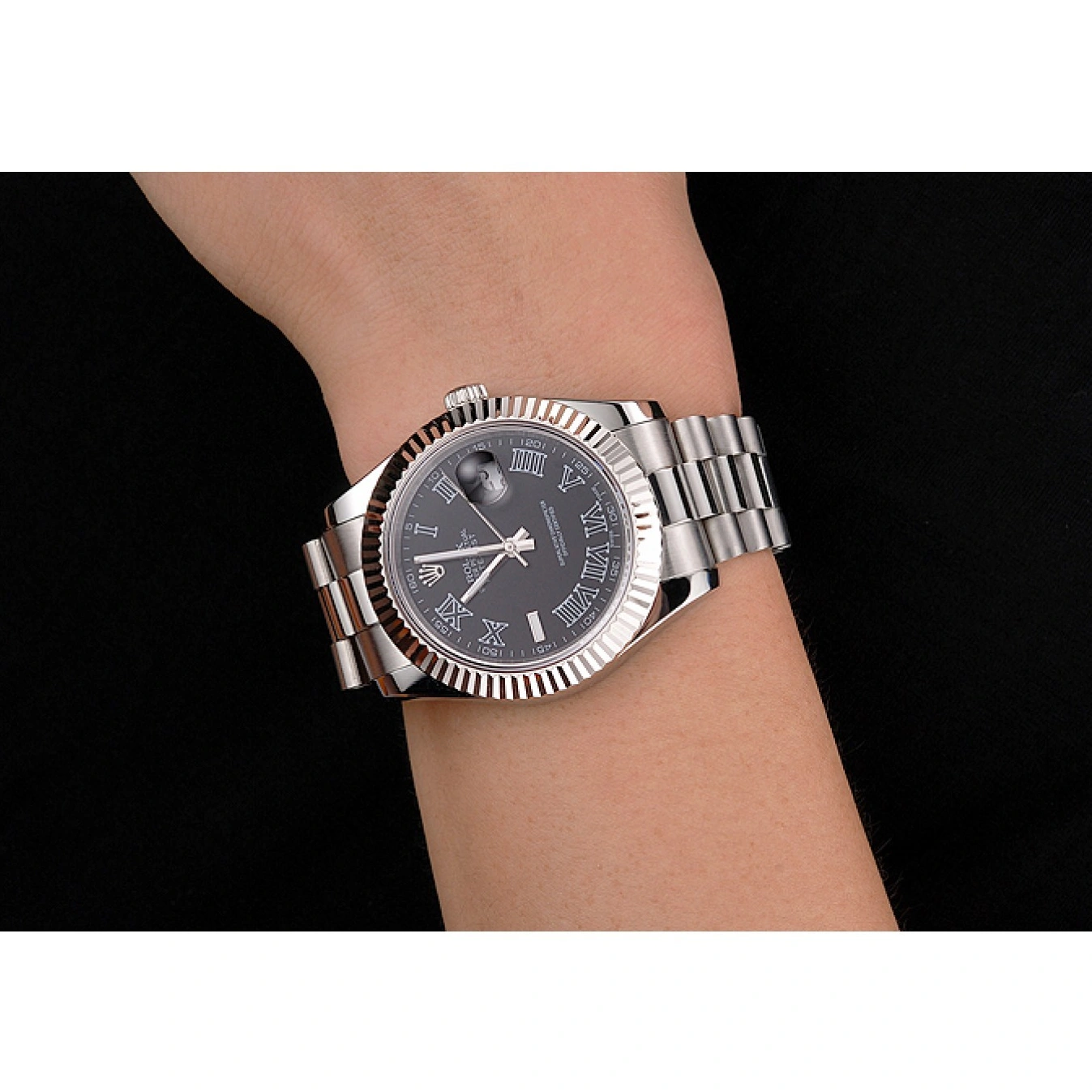 MiroTime 1024 Swiss Rolex Datejust Black Dial Roman Numerals Stainless Steel Case And Bracelet